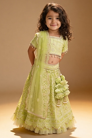 Green Net Sequin Embroidered Lehenga Set For Girls by Fayon Kids