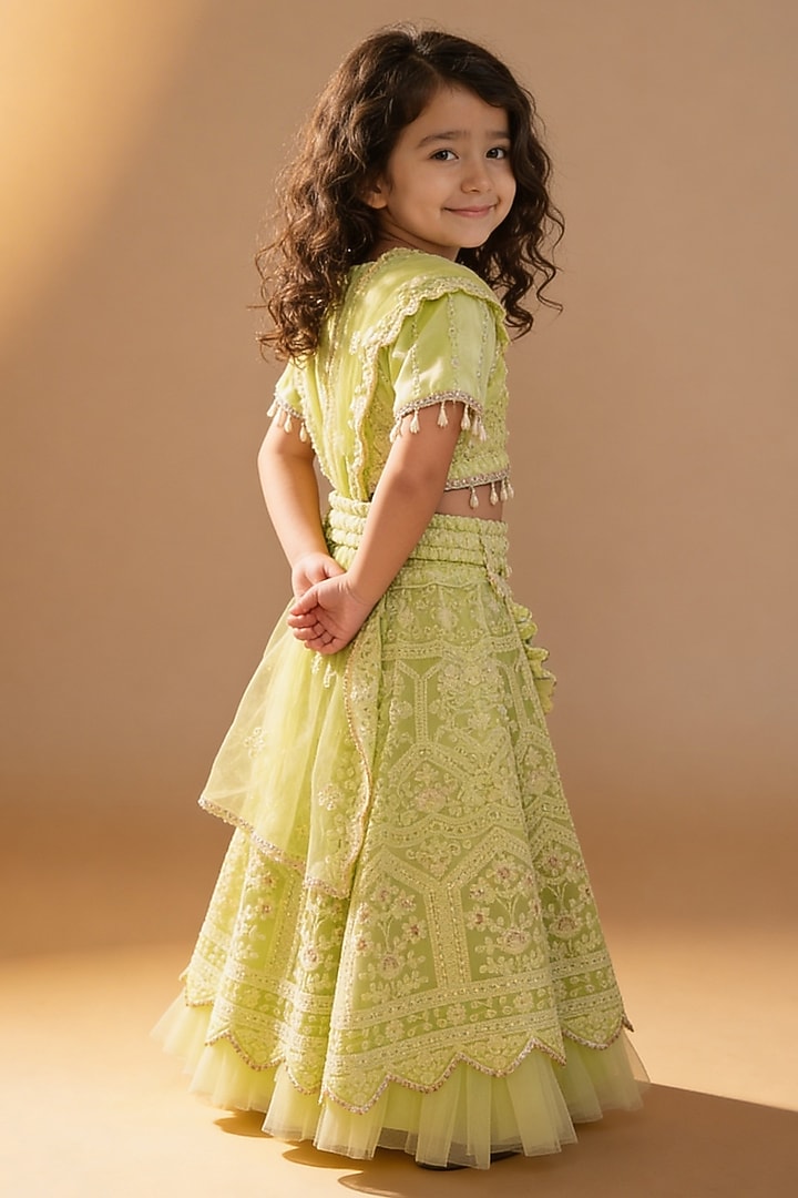 Green Net Sequin Embroidered Lehenga Set For Girls by Fayon Kids at Pernia's Pop Up Shop