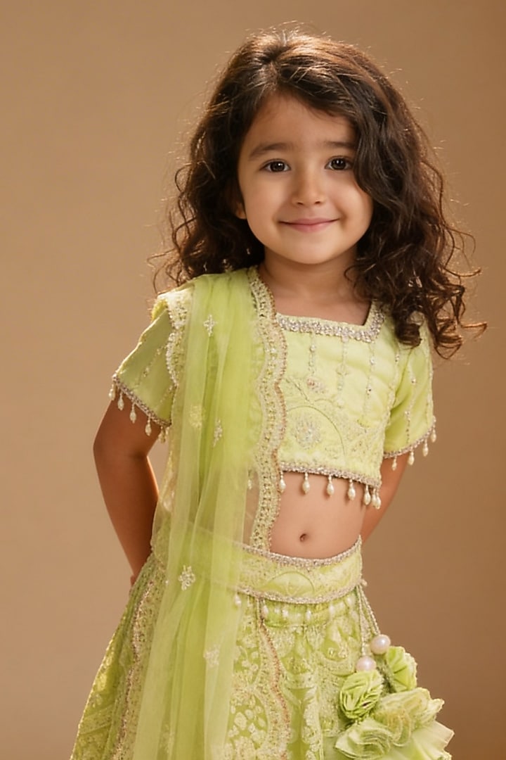 Green Net Sequin Embroidered Lehenga Set For Girls by Fayon Kids at Pernia's Pop Up Shop