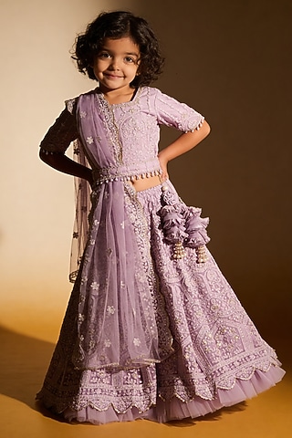 Lilac Net Sequin Embroidered Lehenga Set For Girls by Fayon Kids