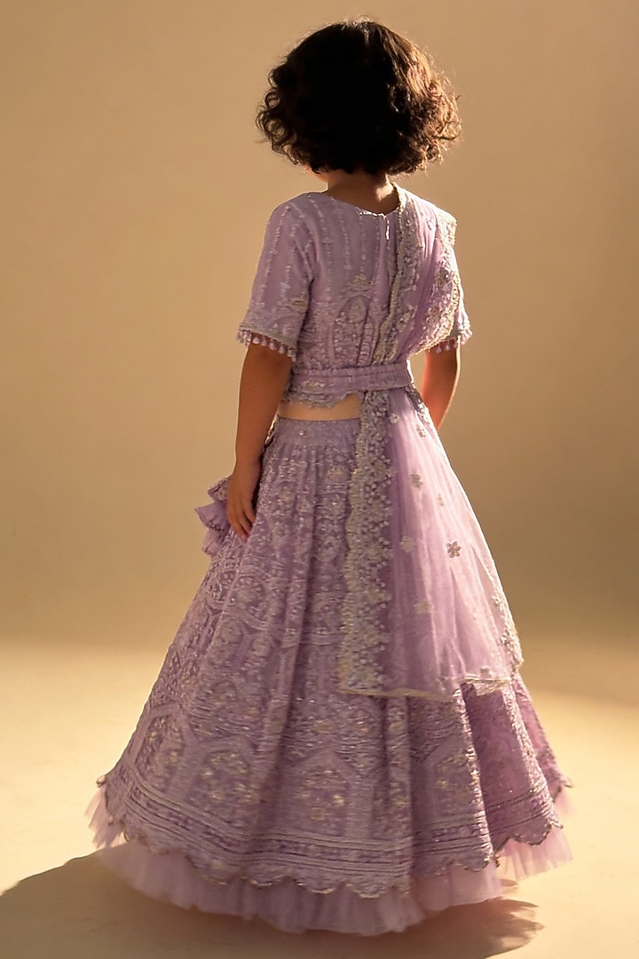 Lilac Net Sequin Embroidered Lehenga Set For Girls by Fayon Kids at Pernia's Pop Up Shop