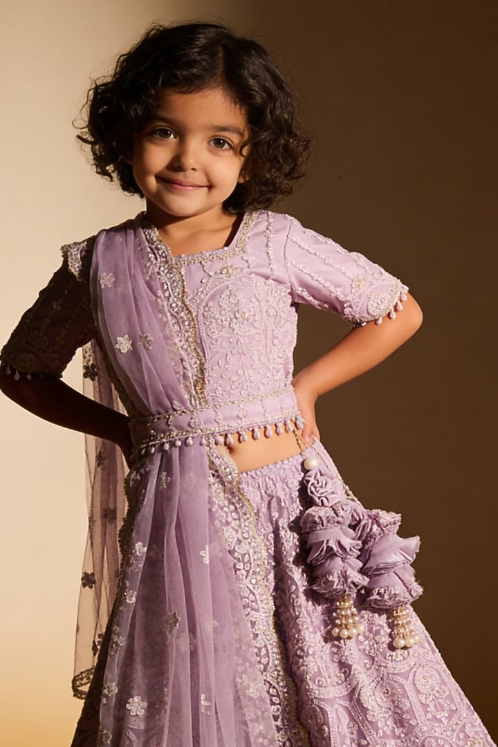 Lilac Net Sequin Embroidered Lehenga Set For Girls by Fayon Kids at Pernia's Pop Up Shop
