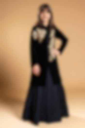 Black Velvet Jacket Lehenga Set For Girls by Fayon Kids at Pernia's Pop Up Shop