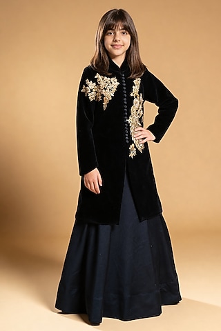 Black Velvet Jacket Lehenga Set For Girls by Fayon Kids