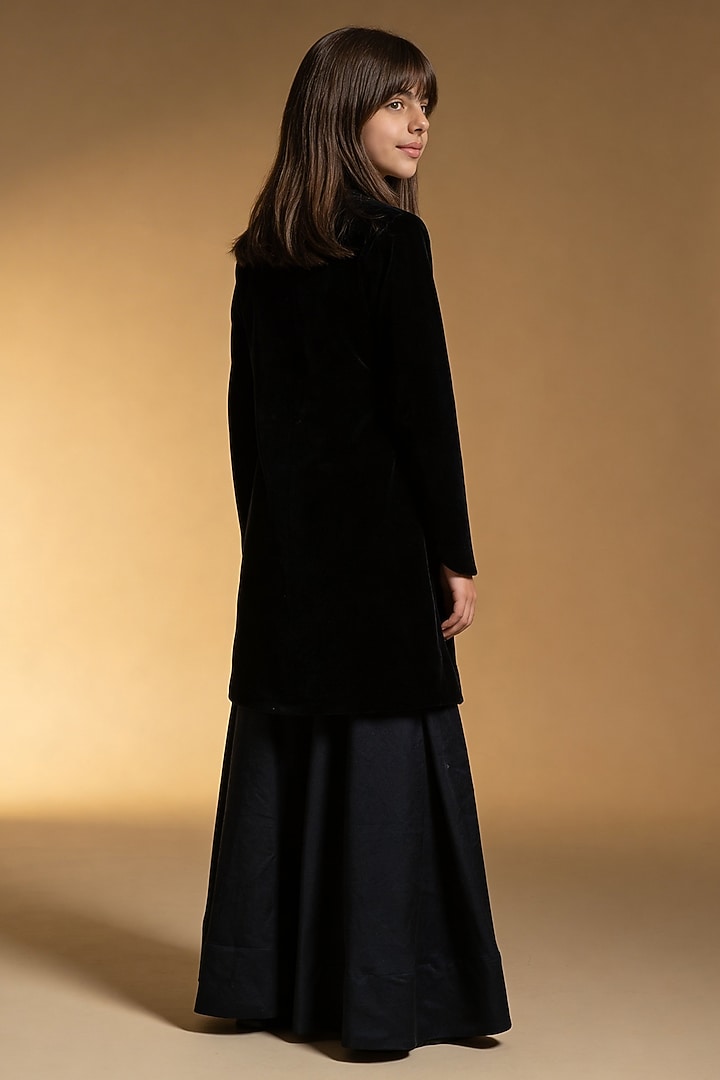 Black Velvet Jacket Lehenga Set For Girls by Fayon Kids at Pernia's Pop Up Shop