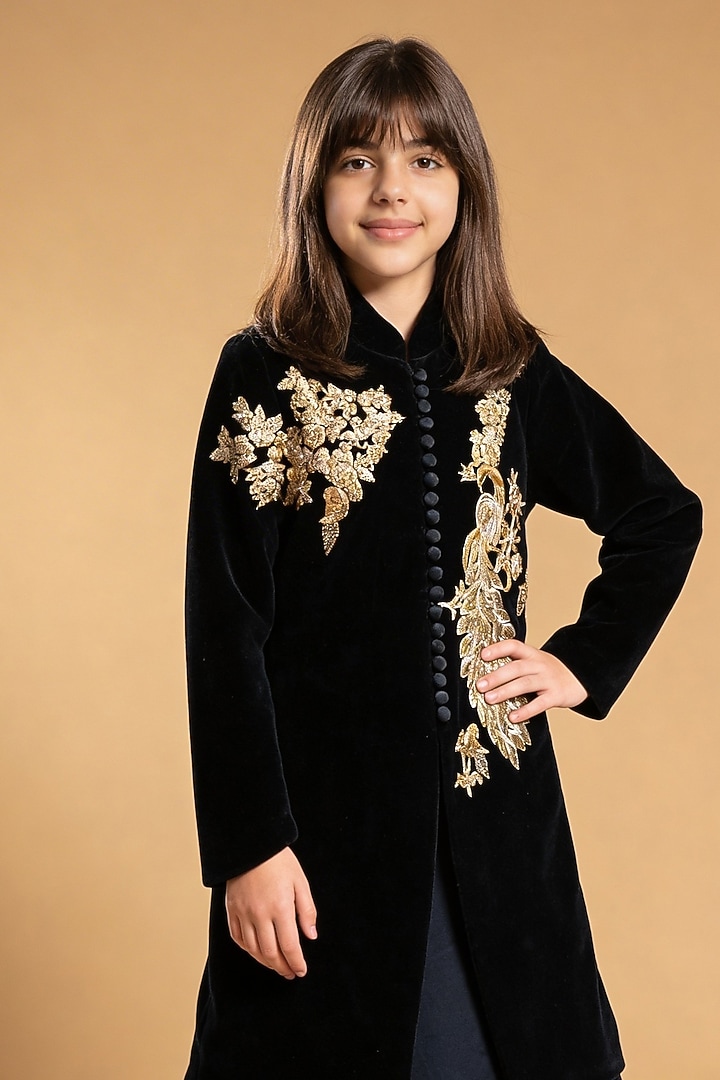 Black Velvet Jacket Lehenga Set For Girls by Fayon Kids at Pernia's Pop Up Shop
