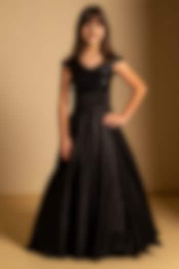 Black Satin & Net Sequin Embroidered Off-Shoulder Gown For Girls by Fayon Kids at Pernia's Pop Up Shop