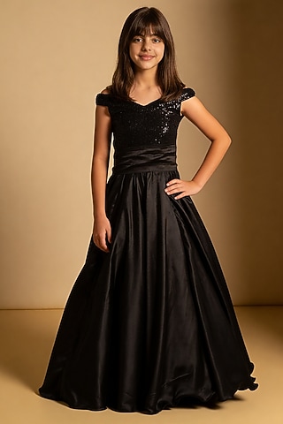 Black Satin & Net Sequin Embroidered Off-Shoulder Gown For Girls by Fayon Kids