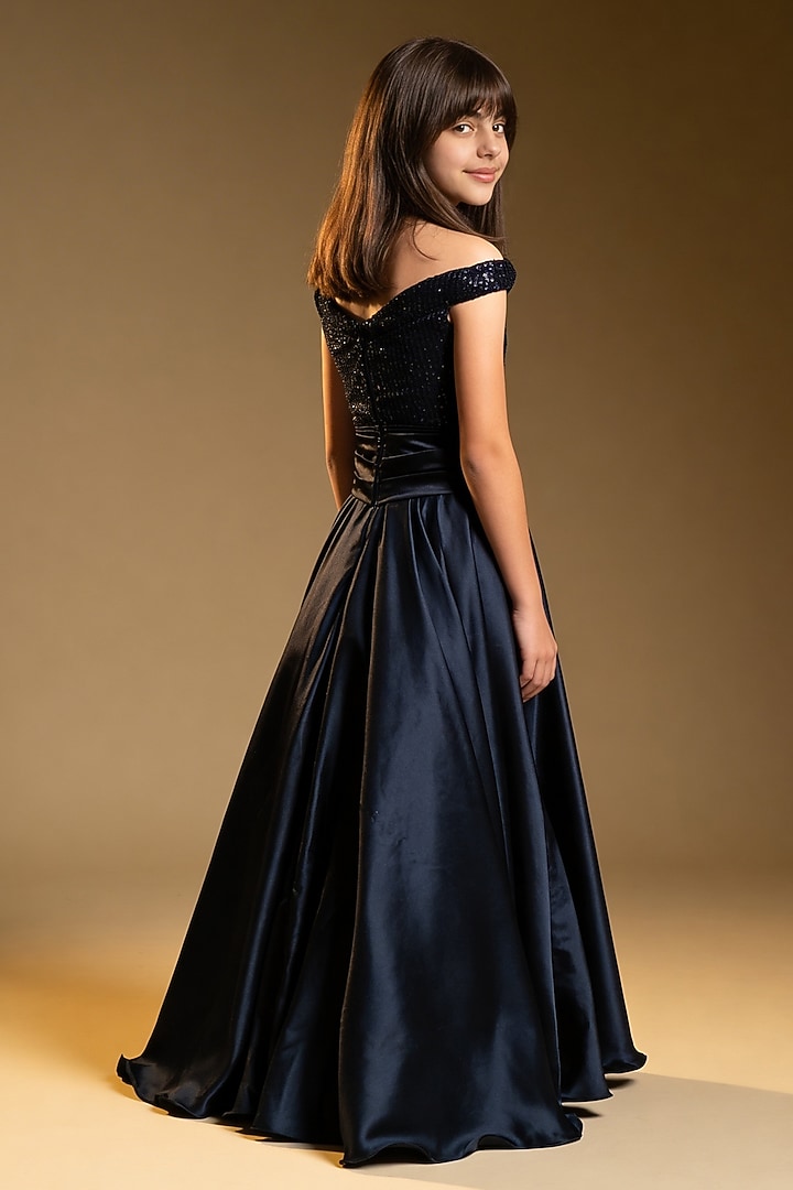Black Satin & Net Sequin Embroidered Off-Shoulder Gown For Girls by Fayon Kids at Pernia's Pop Up Shop