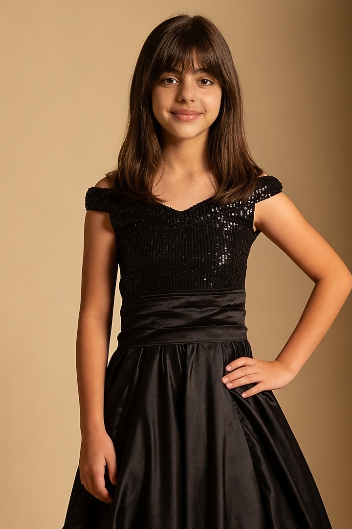 Black Satin & Net Sequin Embroidered Off-Shoulder Gown For Girls by Fayon Kids at Pernia's Pop Up Shop