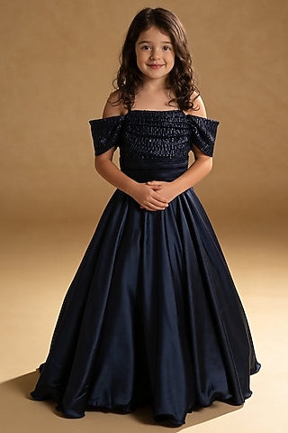 Blue Satin & Net Sequin Embroidered Gown For Girls by Fayon Kids