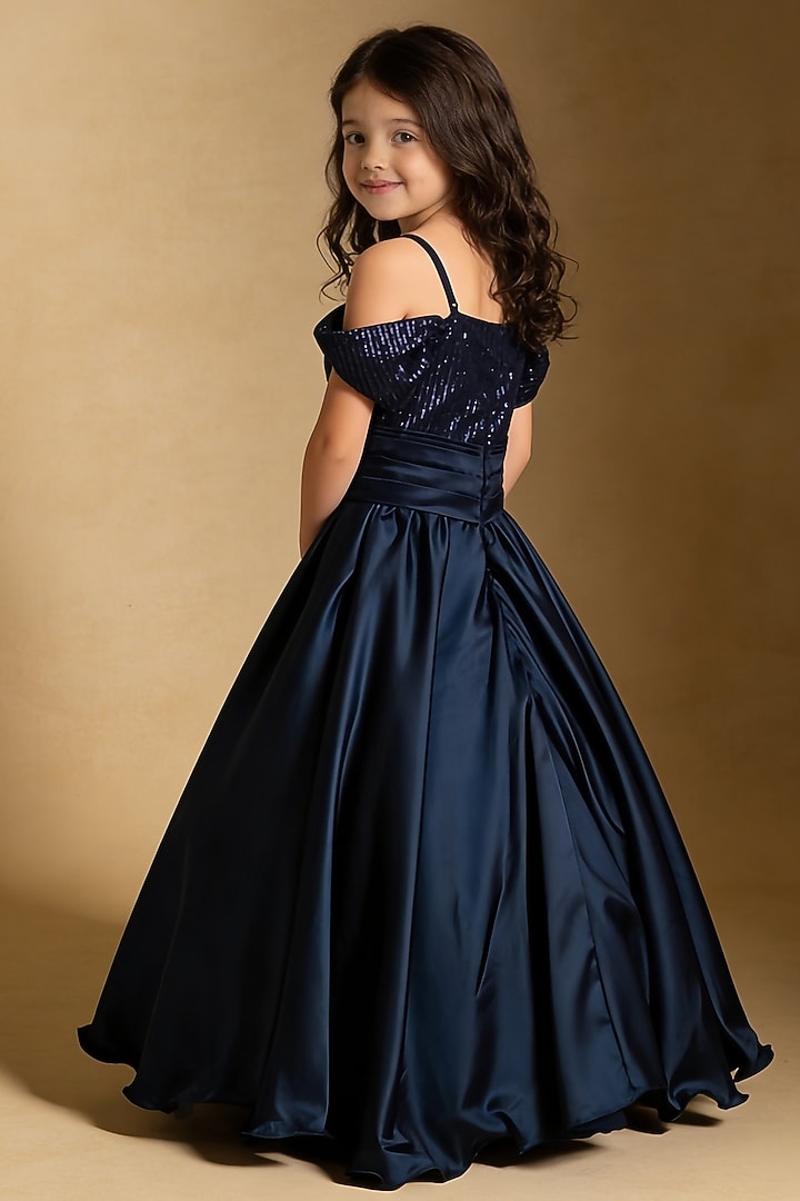 Blue Satin & Net Sequin Embroidered Gown For Girls by Fayon Kids at Pernia's Pop Up Shop