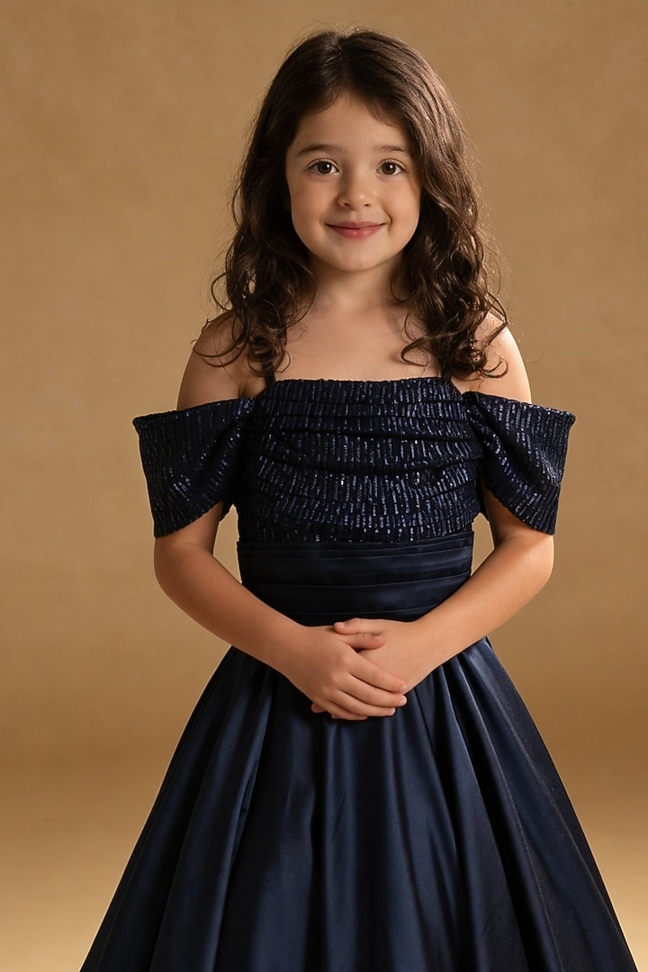 Blue Satin & Net Sequin Embroidered Gown For Girls by Fayon Kids at Pernia's Pop Up Shop