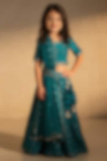 Green Net Sequin Embroidered Lehenga Set For Girls by Fayon Kids at Pernia's Pop Up Shop