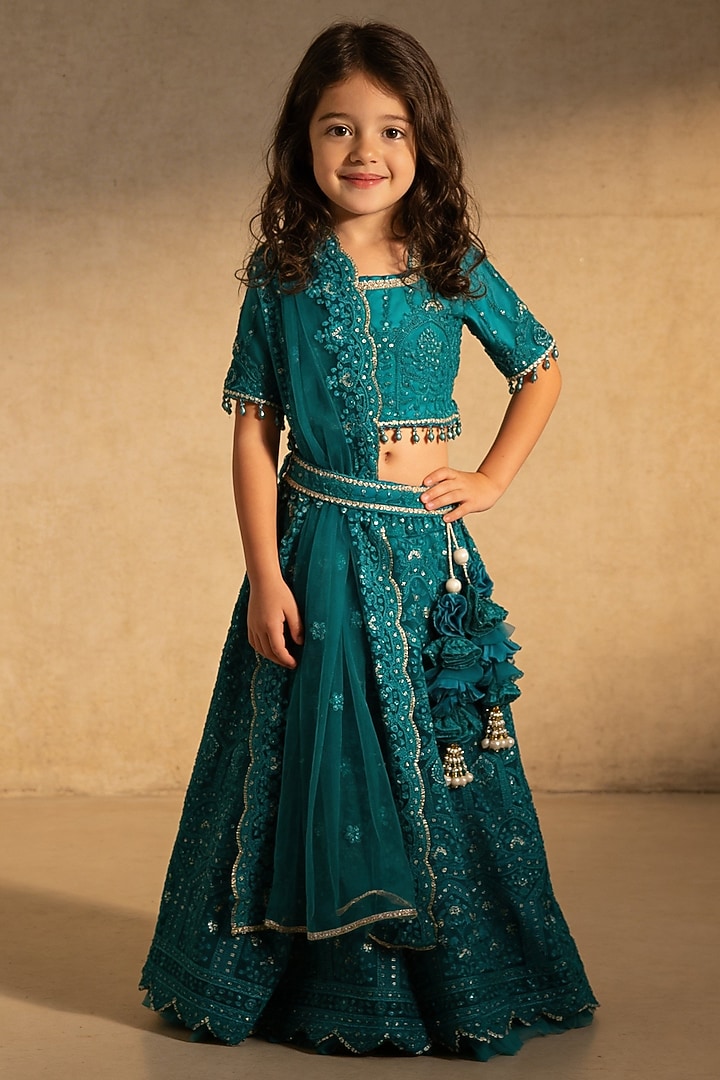 Green Net Sequin Embroidered Lehenga Set For Girls by Fayon Kids at Pernia's Pop Up Shop