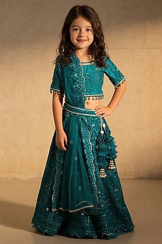 Green Net Sequin Embroidered Lehenga Set For Girls by Fayon Kids