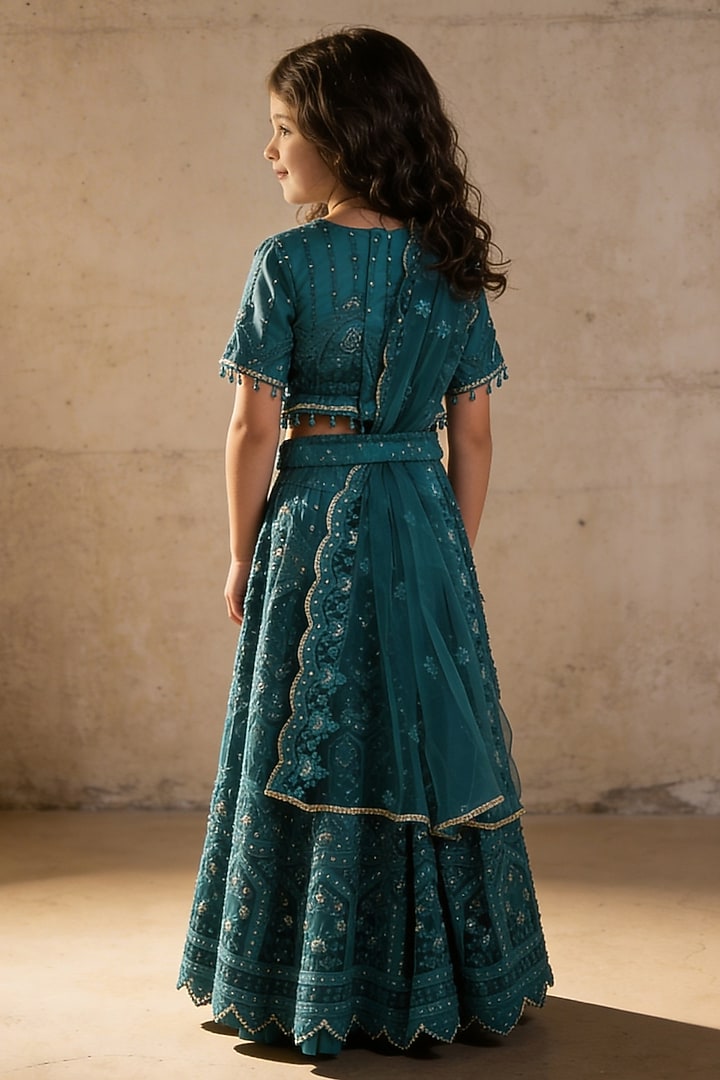 Green Net Sequin Embroidered Lehenga Set For Girls by Fayon Kids at Pernia's Pop Up Shop