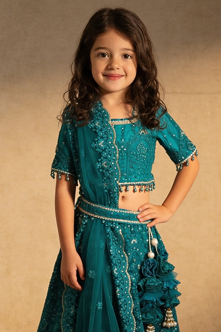 Green Net Sequin Embroidered Lehenga Set For Girls by Fayon Kids at Pernia's Pop Up Shop