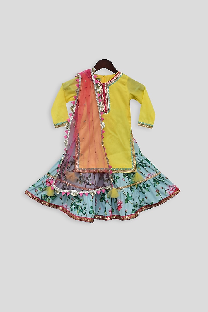 Bright Yellow Embellished Sharara Set For Girls by Fayon Kids