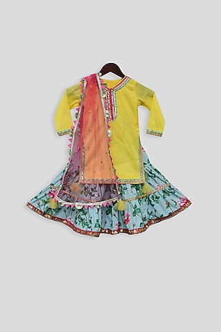 Bright Yellow Embellished Sharara Set For Girls by Fayon Kids
