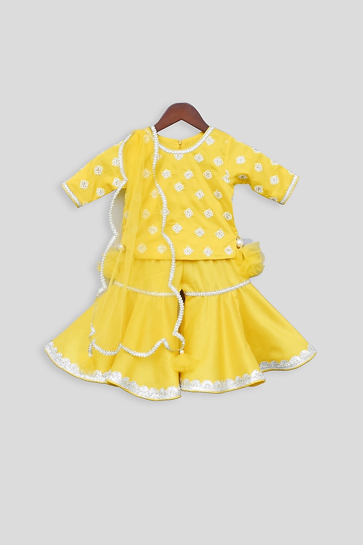 Yellow Embroidered Sharara Set For Girls by Fayon Kids