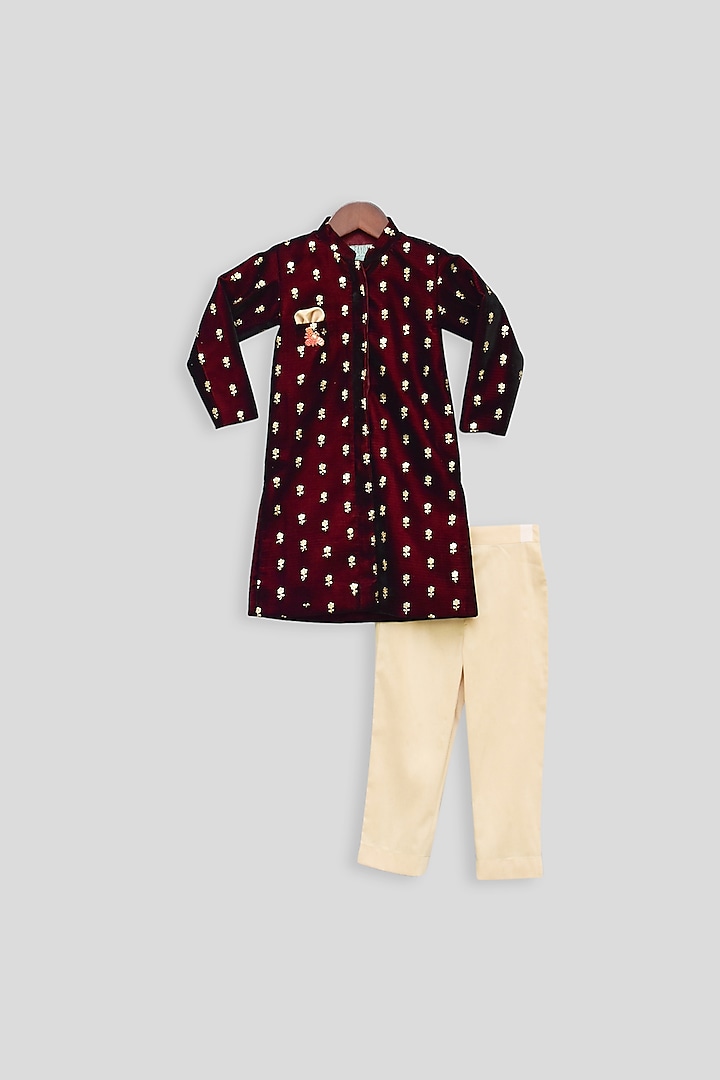 Maroon & Beige  Embroidered Ajkan Set For Boys by Fayon Kids