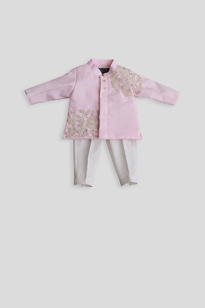 Pastel Pink & Off White Embroidered Ajkan Set For Boys by Fayon Kids