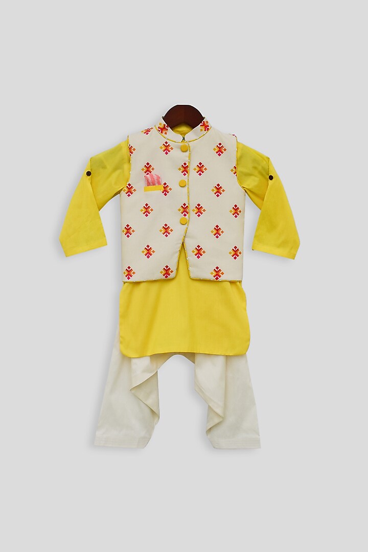 Yellow & Beige Embroidered Jacket Set For Boys by Fayon Kids