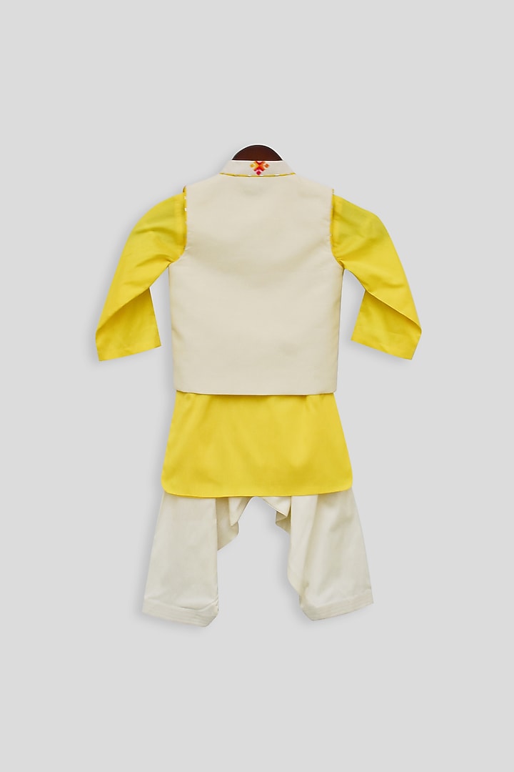Yellow & Beige Embroidered Jacket Set For Boys by Fayon Kids at Pernia's Pop Up Shop