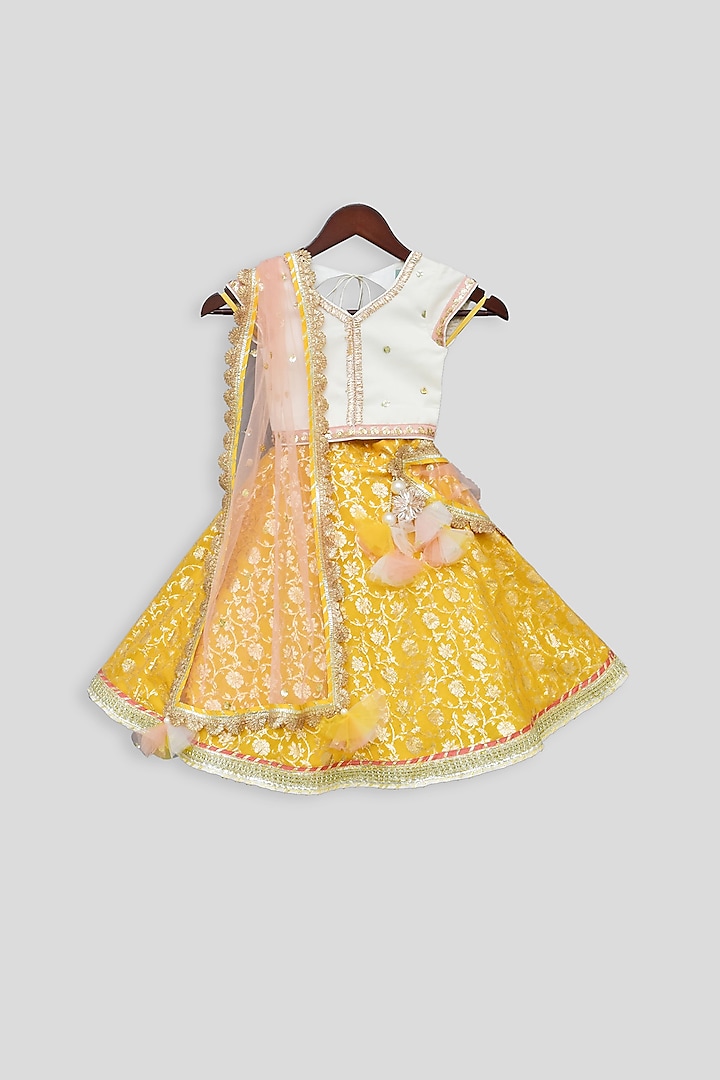 Off White & Yellow Embellished Lehenga Set For Girls by Fayon Kids