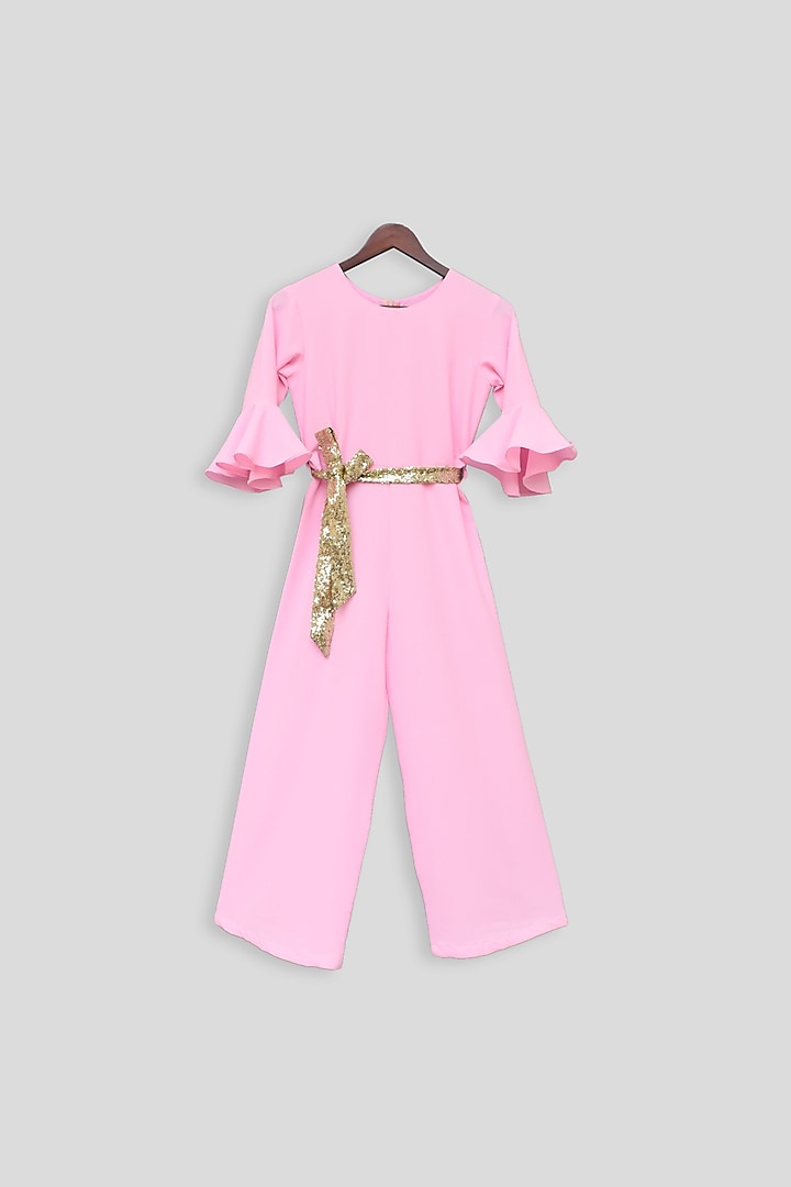 Pink Jumpsuit With Golden Belt For Girls by Fayon Kids