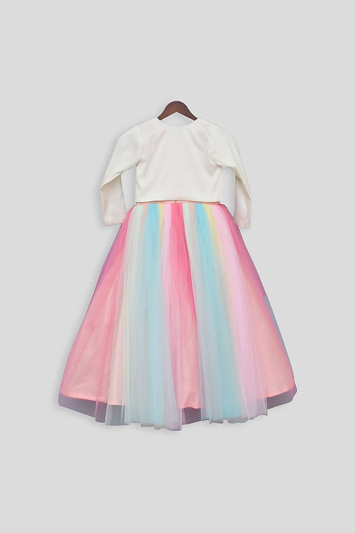 Multi Colored Embroidered Gown With Off White Jacket For Girls by Fayon Kids at Pernia's Pop Up Shop