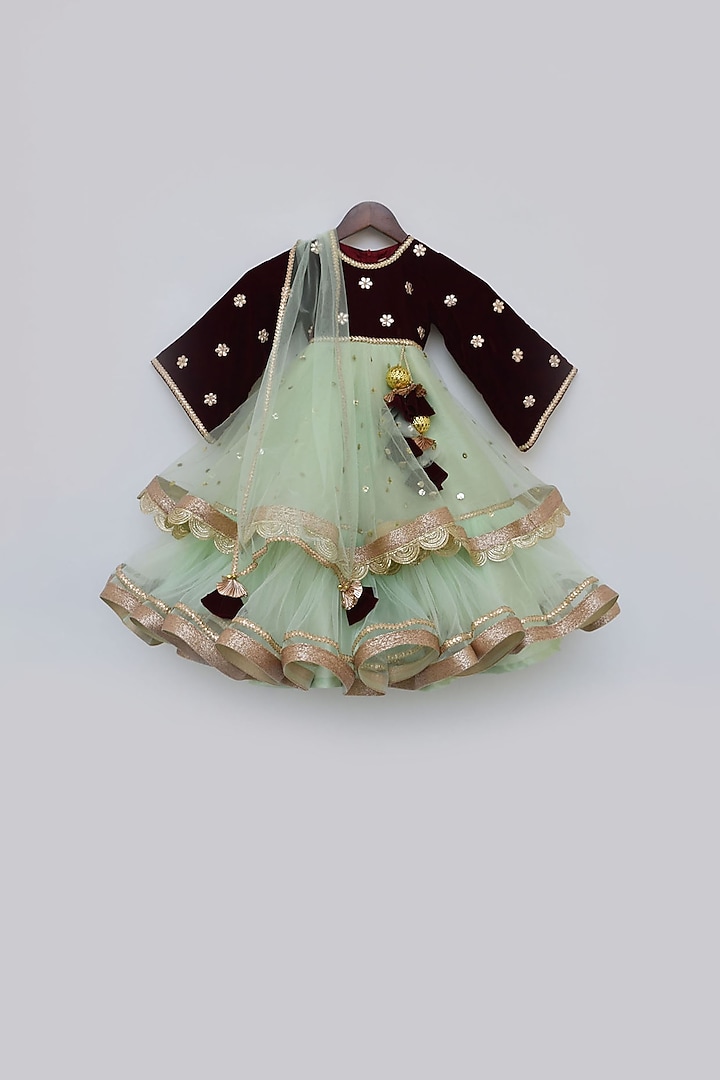 Pista Green Net & Velvet Embellished Anarkali Set For Girls by Fayon Kids at Pernia's Pop Up Shop