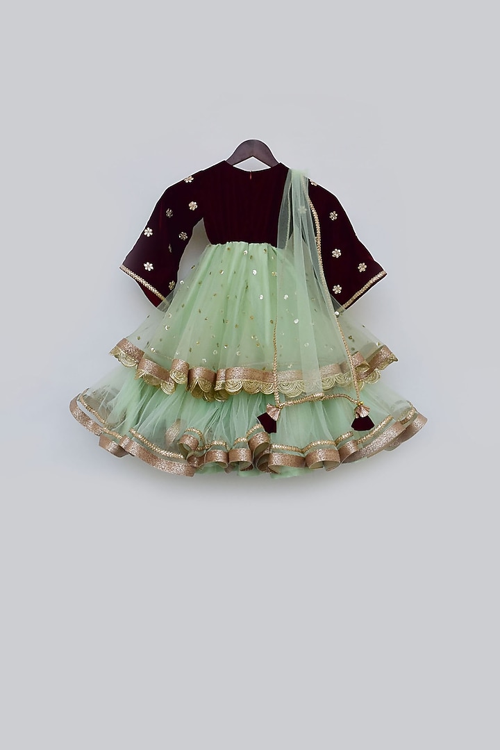 Pista Green Net & Velvet Embellished Anarkali Set For Girls by Fayon Kids at Pernia's Pop Up Shop
