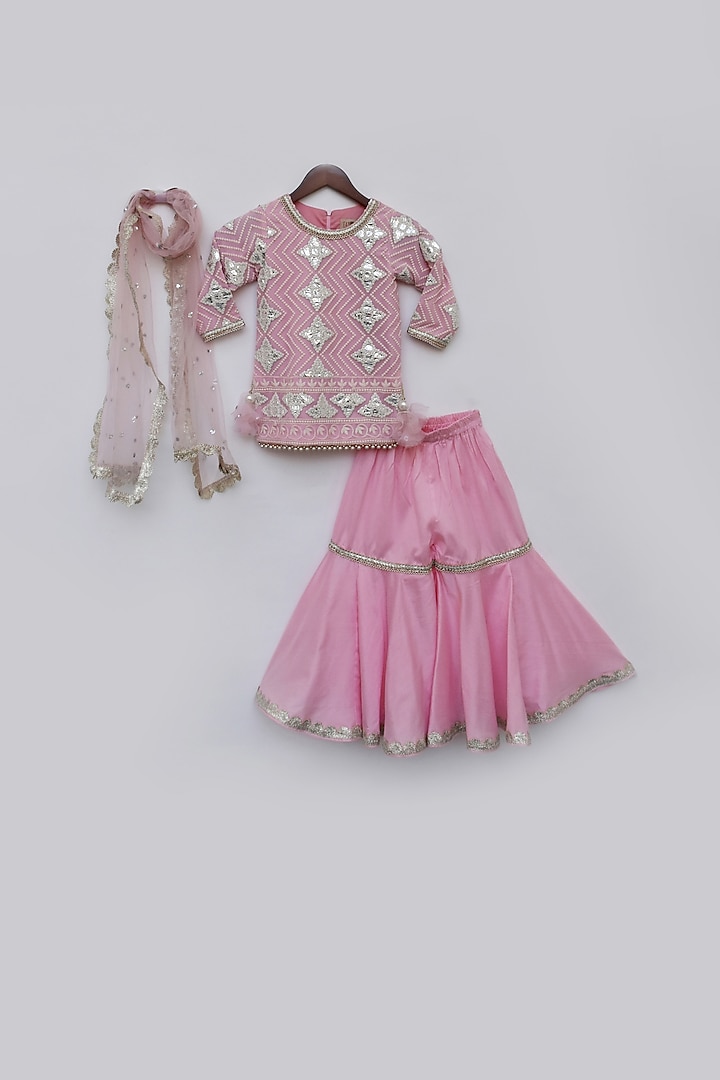 Pink Embellished Sharara Set For Girls by Fayon Kids at Pernia's Pop Up Shop