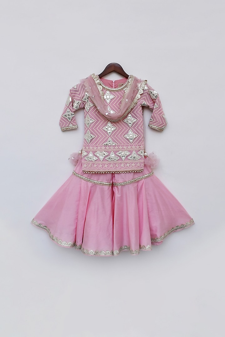 Pink Georgette Thread Embellished Sharara Set For Girls by Fayon Kids at Pernia's Pop Up Shop