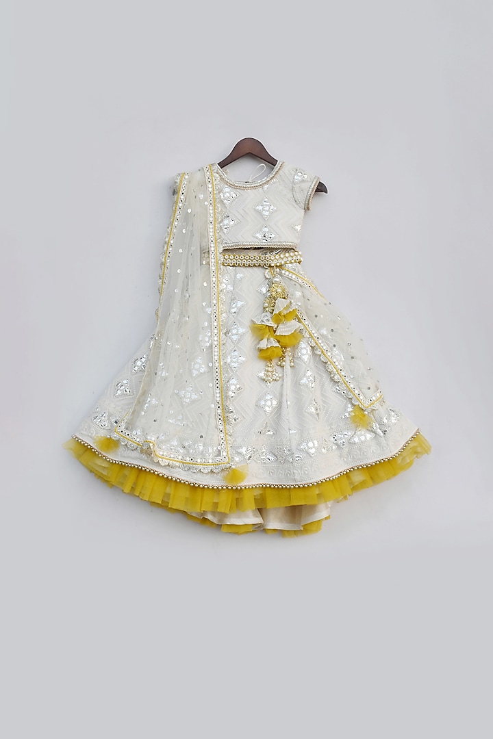 Off-White Twill Embroidered Lehenga Set For Girls by Fayon Kids at Pernia's Pop Up Shop
