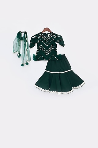 Green Georgette Thread Embroidered Sharara Set For Girls by Fayon Kids