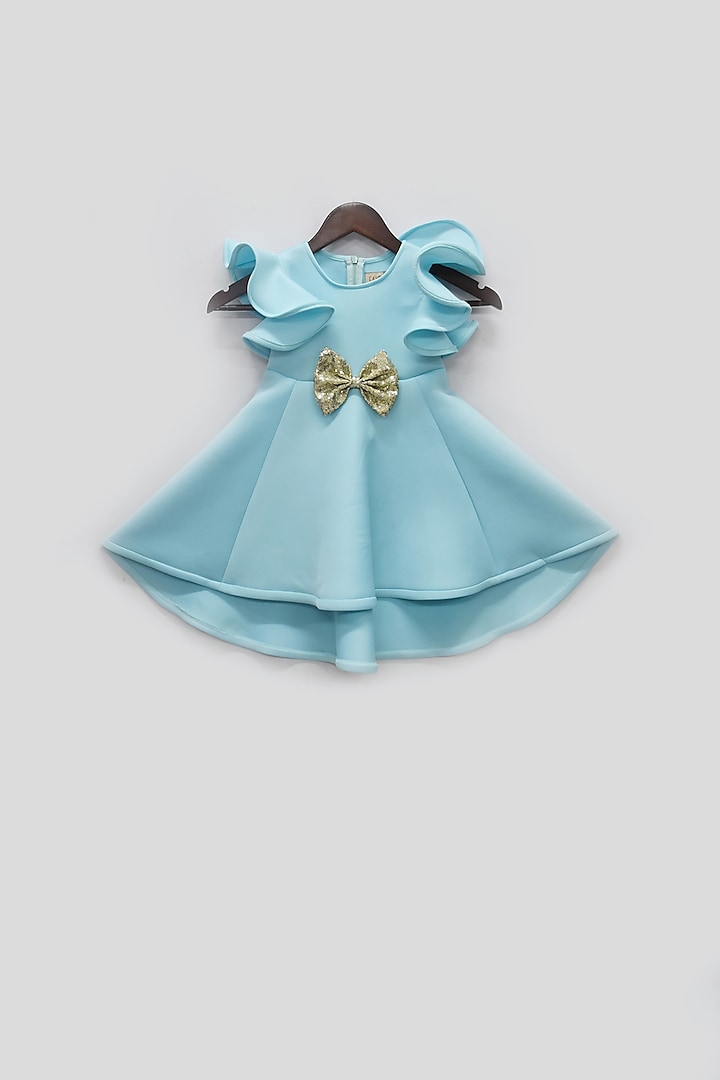 Sky Blue Dress With Golden Bow For Girls by Fayon Kids