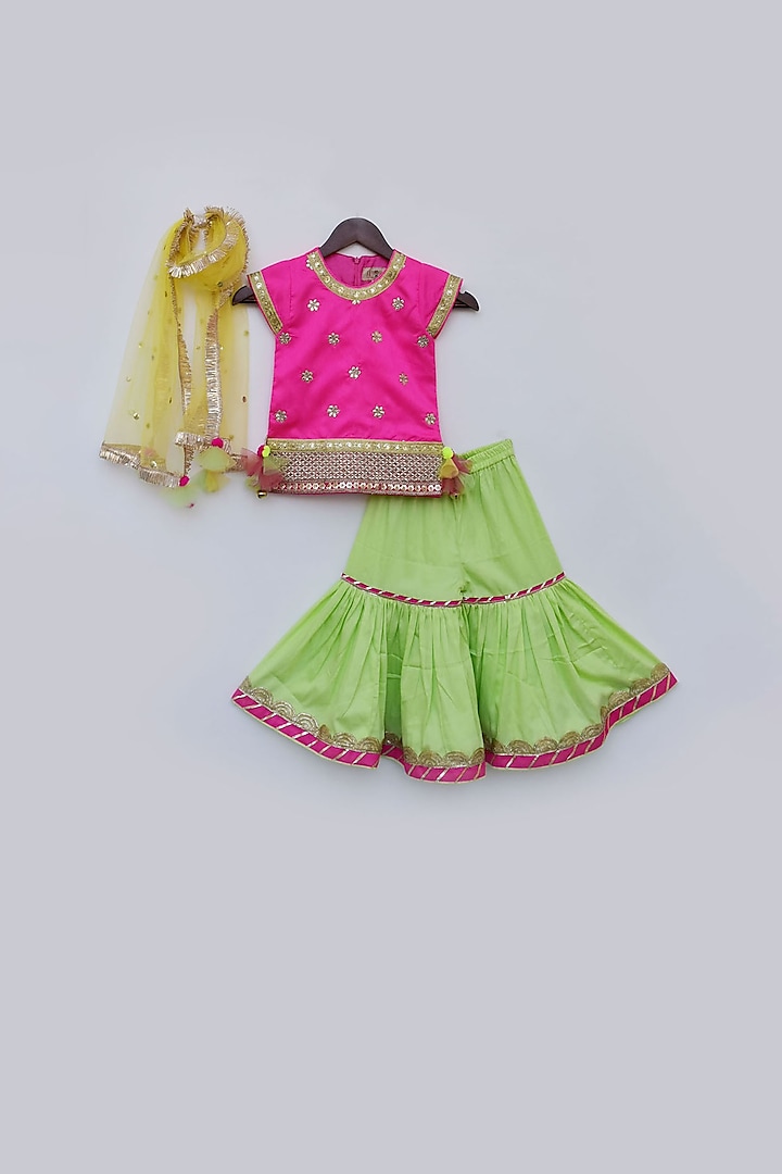 Hot Pink & Green Embellished Sharara set For Girls by Fayon Kids