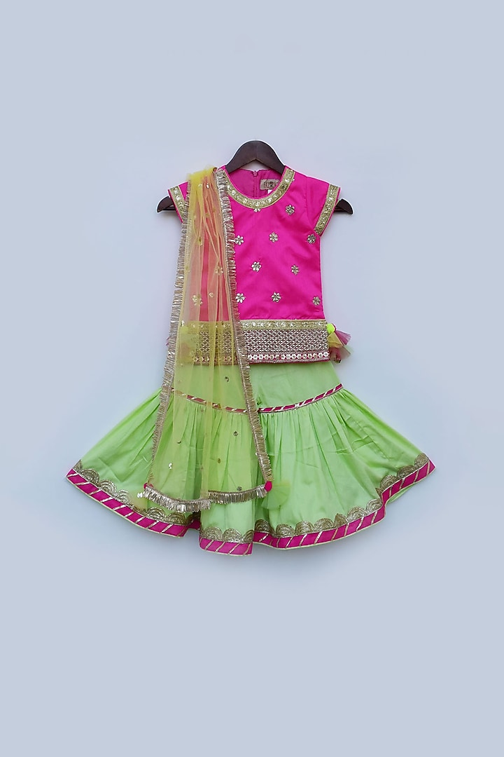 Green Dupion Silk Embellished Sharara Set For Girls by Fayon Kids at Pernia's Pop Up Shop