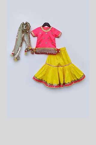 Yellow Croma Silk Sharara Set For Girls by Fayon Kids