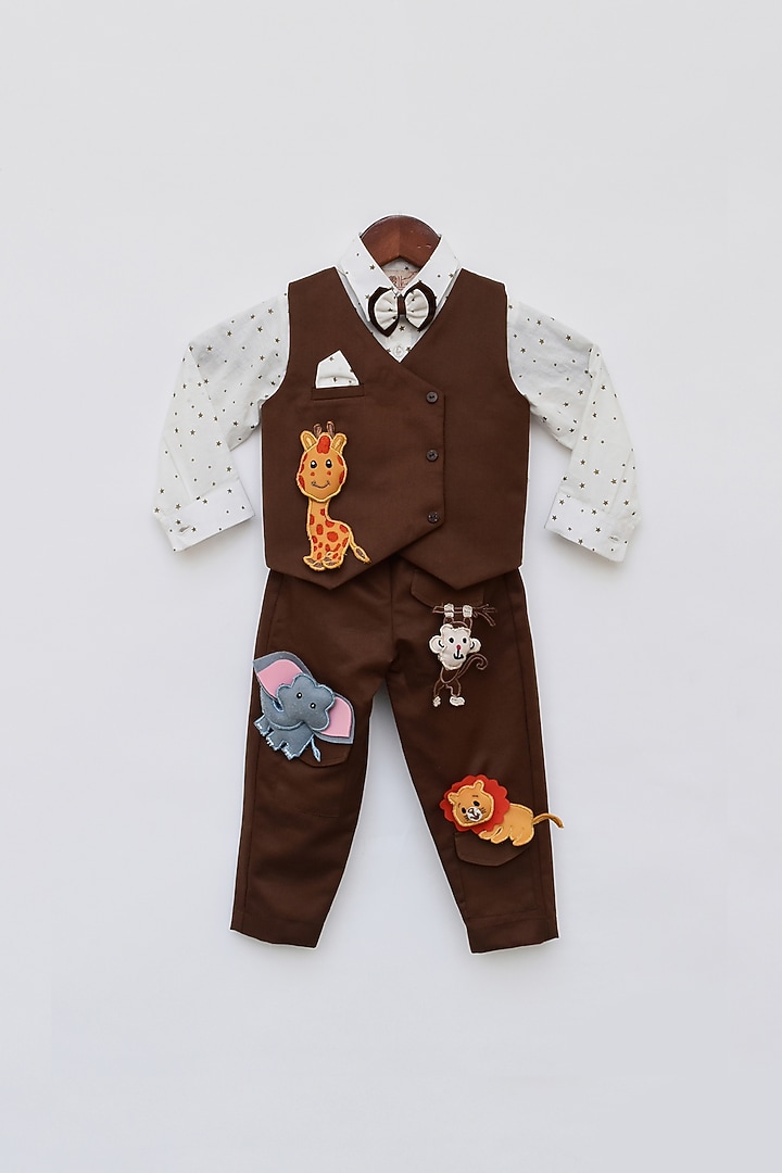 Brown Embroidered Jacket Set For Boys by Fayon Kids at Pernia's Pop Up Shop