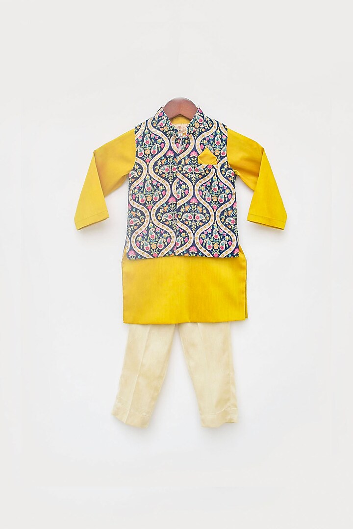 Blue Embroidered Nehru Jacket With Kurta Set by Fayon Kids at Pernia's Pop Up Shop