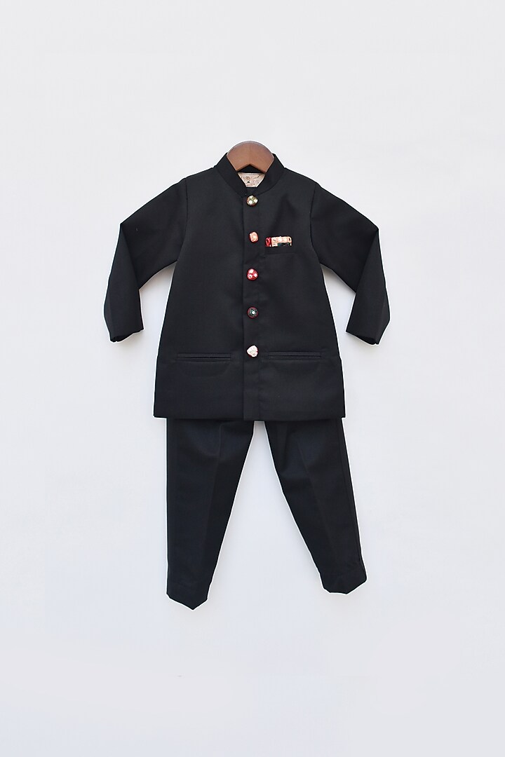 Black Suiting Mirror Embroidered Bandhgala Set For Boys by Fayon Kids at Pernia's Pop Up Shop