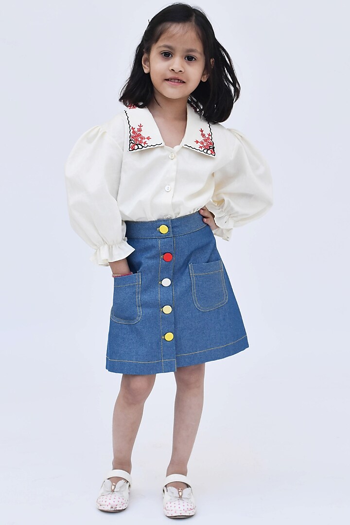 Off-White Cotton Silk Skirt Set For Girls by Fayon Kids