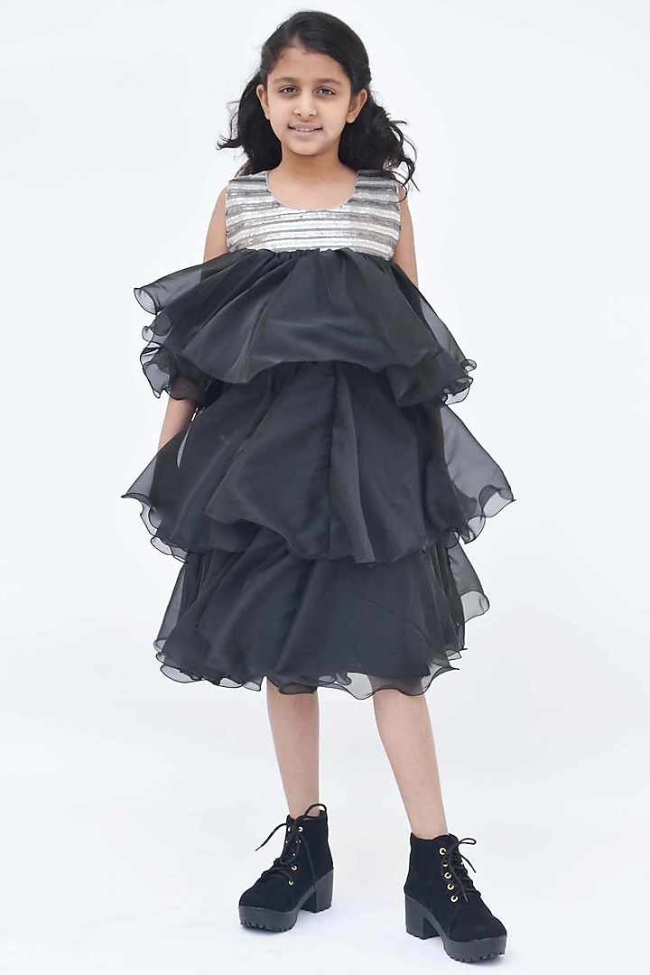 Black & Silver Sequins Ruffled Dress For Girls by Fayon Kids