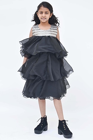 Black & Silver Organza Sequins Ruffled Dress For Girls by Fayon Kids