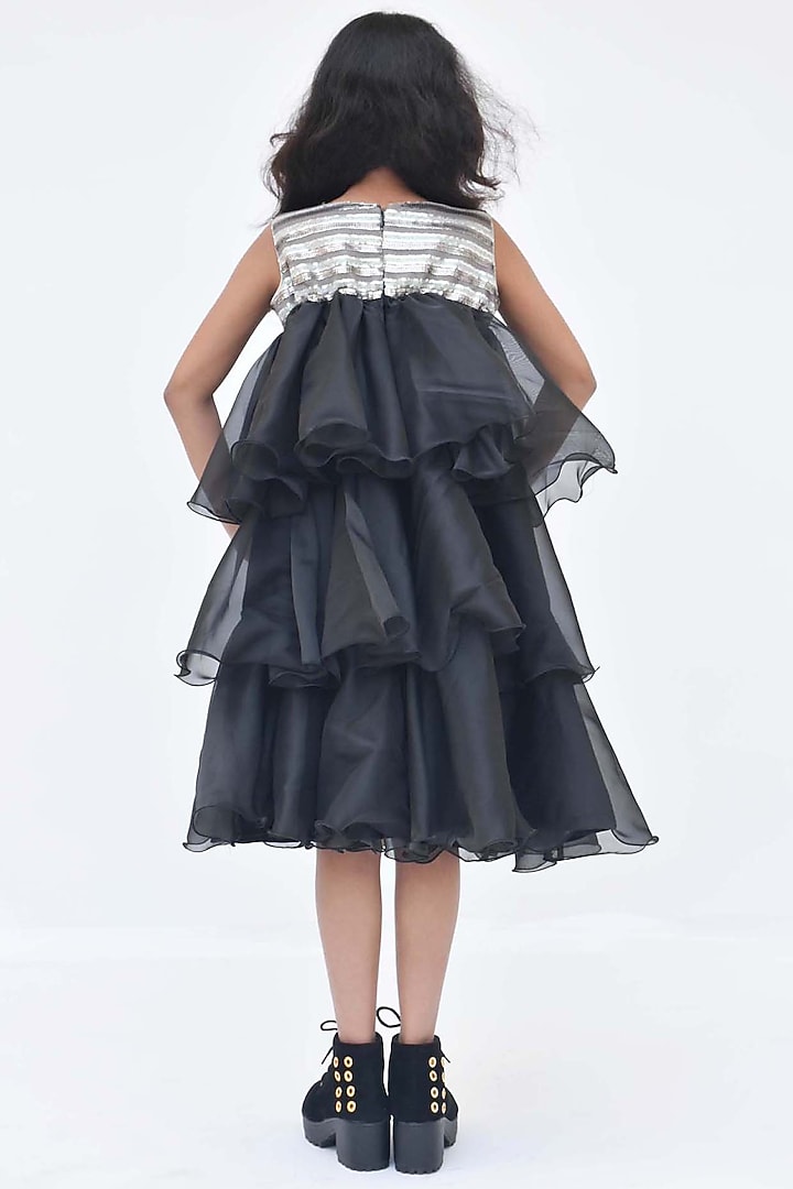 Black & Silver Organza Sequins Ruffled Dress For Girls by Fayon Kids at Pernia's Pop Up Shop