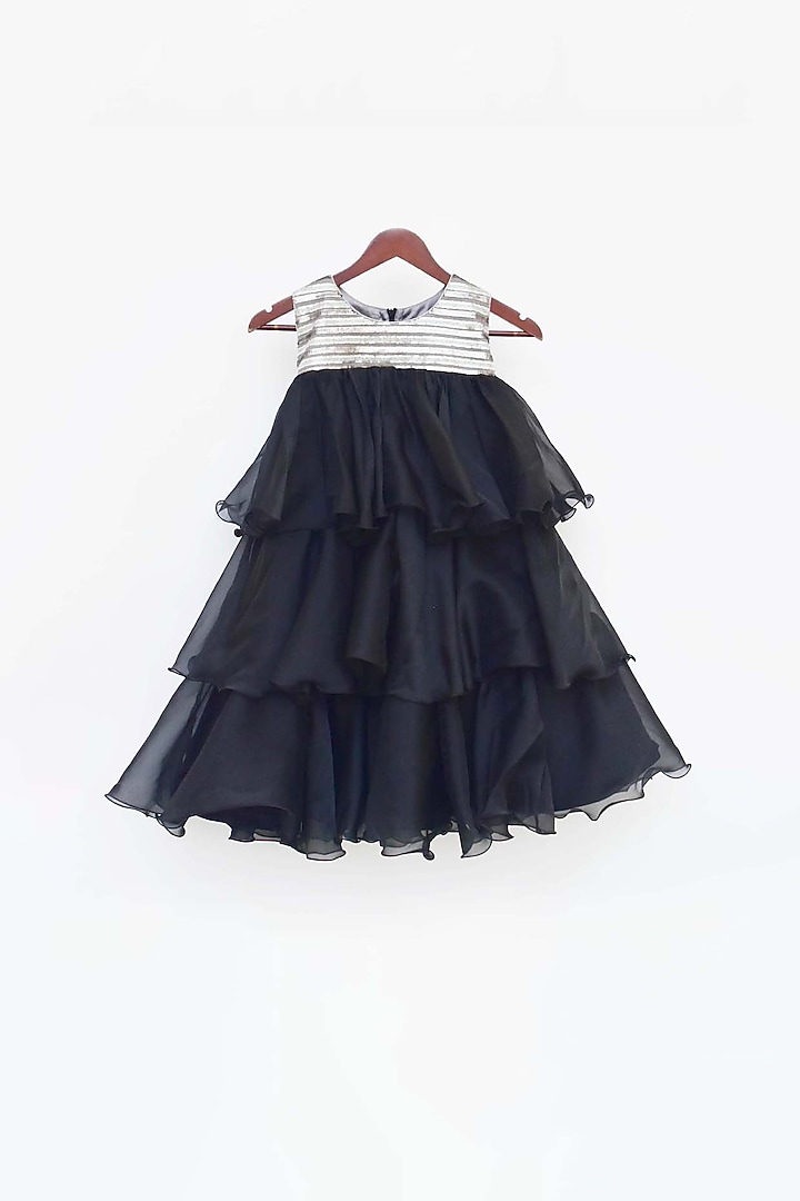 Black & Silver Organza Sequins Ruffled Dress For Girls by Fayon Kids at Pernia's Pop Up Shop